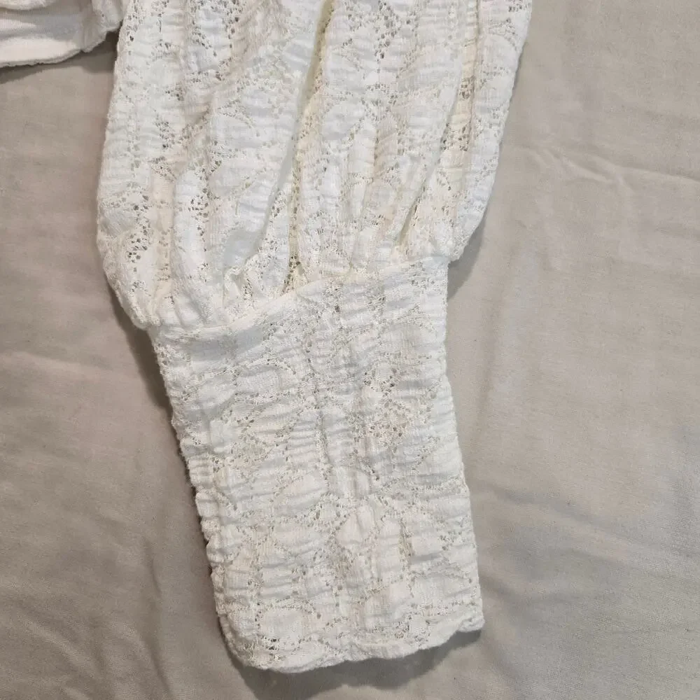 Free People Jasmine Tea Time Long Puff Lace Sleeve Top Open Back Sz S Romantic